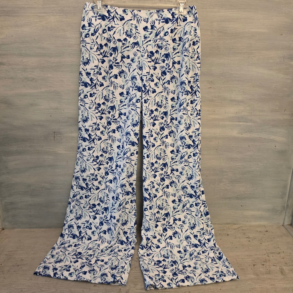 Cato Est. 1946 55% Linen Blue/White Floral Print Wide Leg Pants Size Medium GC